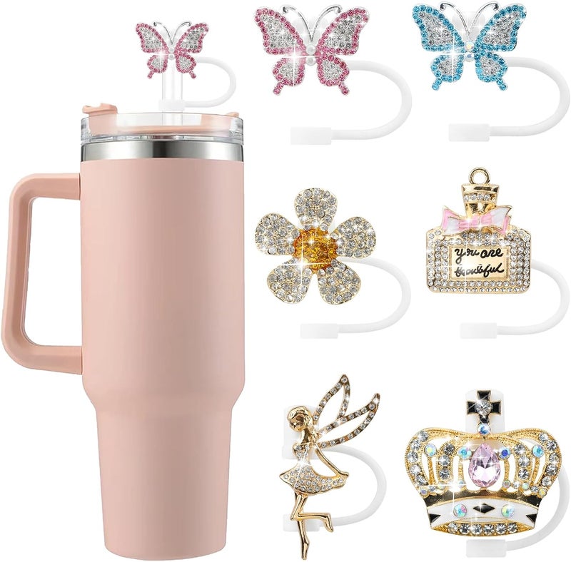 SEMATA 6PCS Cute Straw Cover Cap for Stanley Cup Accessories,Bling Crystals Straw Toppers for Stanley Tumbler 40&30 oz,Rhinestone Reusable Straws Tips Protectors Compatible with 10mm Straws - Image 1